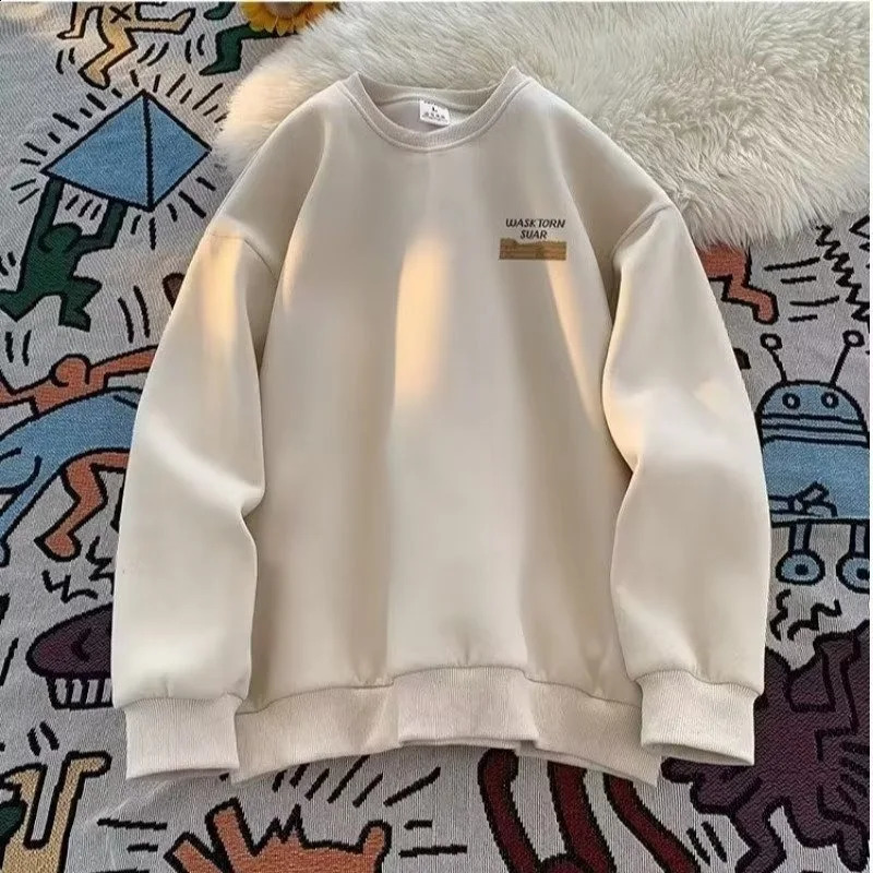 American style cool retro heavyweight round neck hoodie mens autumn and winter plus plush loose trendy cool top 241220