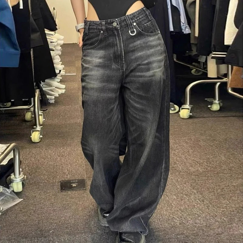 Vintage Black Barrel Jeans Wide Leg Pants Woman Men High Waisted Loose Baggy Female Streetwear Y2K Trousers 241228