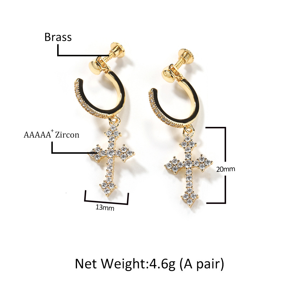 Hip Hop Spiral Buckle Cross Earrings For Men Versatile Street Punk Rock Rapper Ear Ring 14k Gold Prong Cubic Zirconia Nightclub Piercing Earrings Jewe