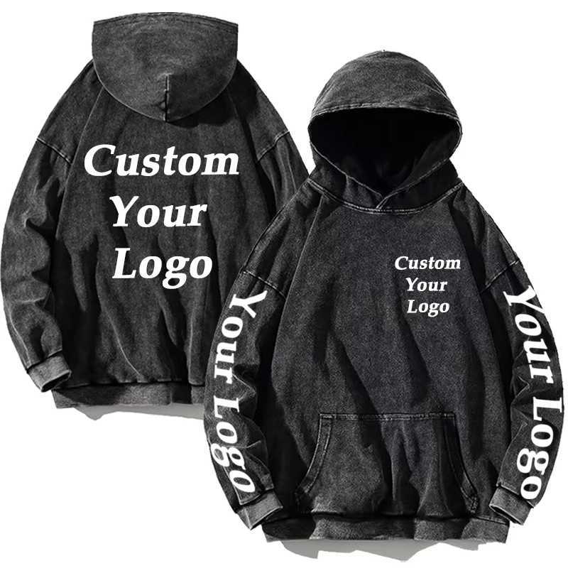 2024 Custom Hoodies Pattern /Text Print Men Women Winter Cotton Sweatshirts Vintage Washed Oversized Loose Pullover Tops X241228
