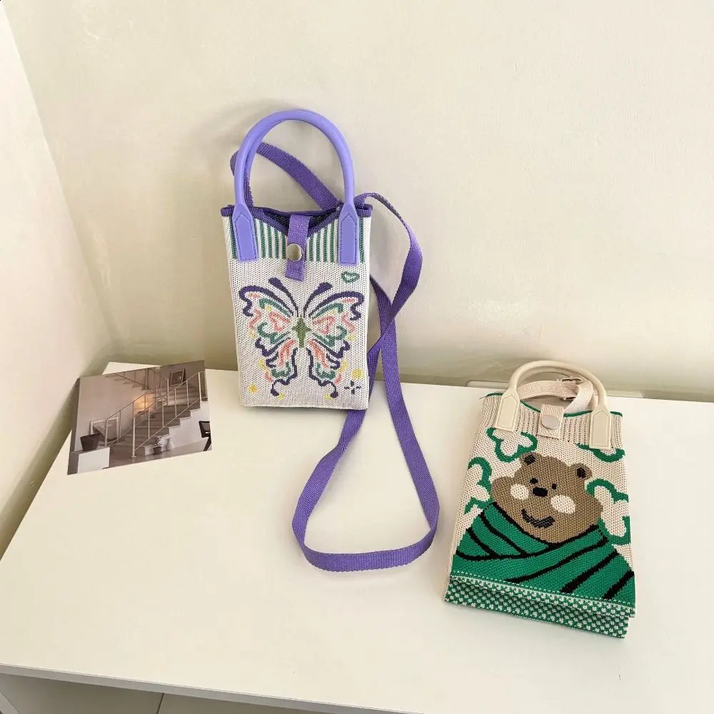 Mini Shoulder Bag Cute Cartoon Mobile Phone Student Messenger Knitted Handbag Key Holder Lipsticks Pouch 241225