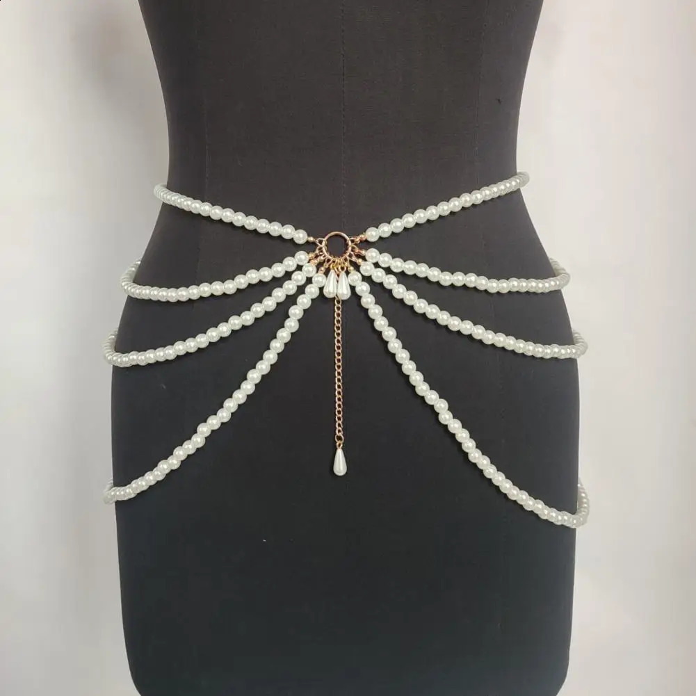 Womens Belly Chain Multi-Layer Waist Chain with Faux Pearl Decor Elegant Waistband for Dresses Skirts Belt Chain Body Jewelry 241227
