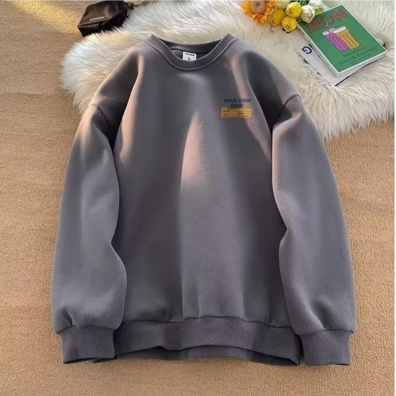American style cool retro heavyweight round neck hoodie mens autumn and winter plus plush loose trendy cool top 241220
