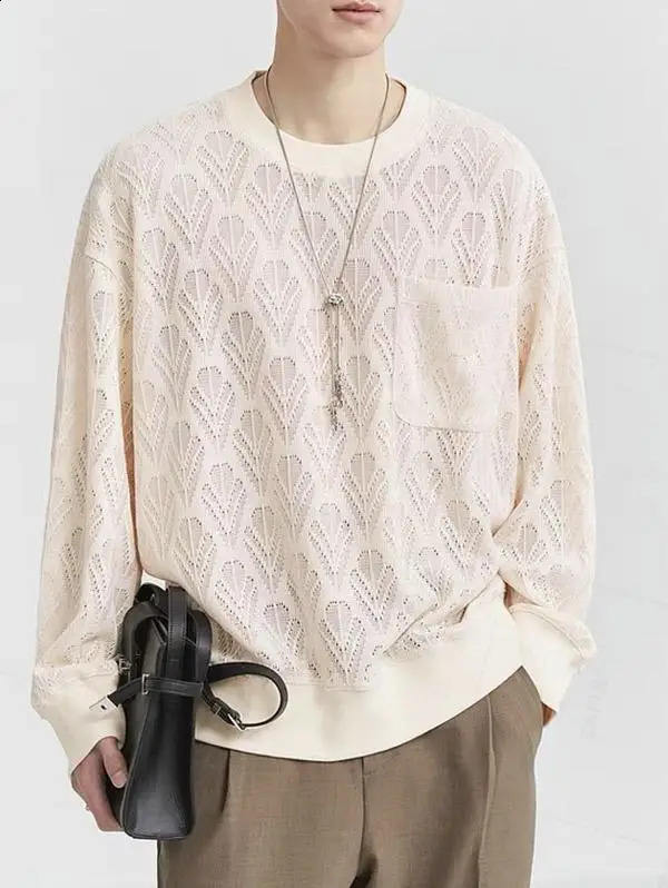 Mens Geometric Open Knitted Pocket Staff Collar Zipper Sweatshirt 241227