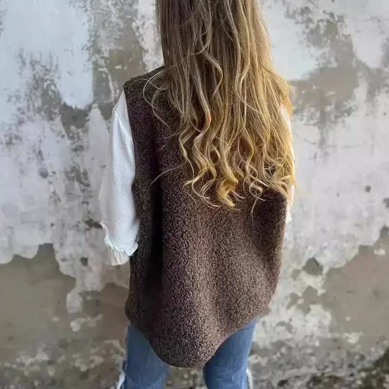 Solid Color V-neck Pocket Button Sleeveless Polar Fleece Vest Womens Fuzzy Jacket Fall Winter Casual Warm Button Down Sherpa 241227