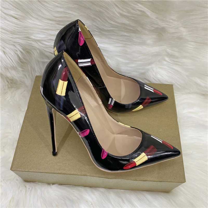 Heelgoo Newly Lipsticker Print Women Glossy Pointy Toe High Heel Black Party Shoes Slip On Stilettos Pumps Plus Size 33-46C241228