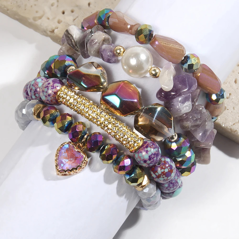 Summer Fashion Bohemian Womens Jewelry 5pcs Natural Stone Glass Handmade Beaded Elastic Bracelet Druzy Stack Bracelet Set 241227