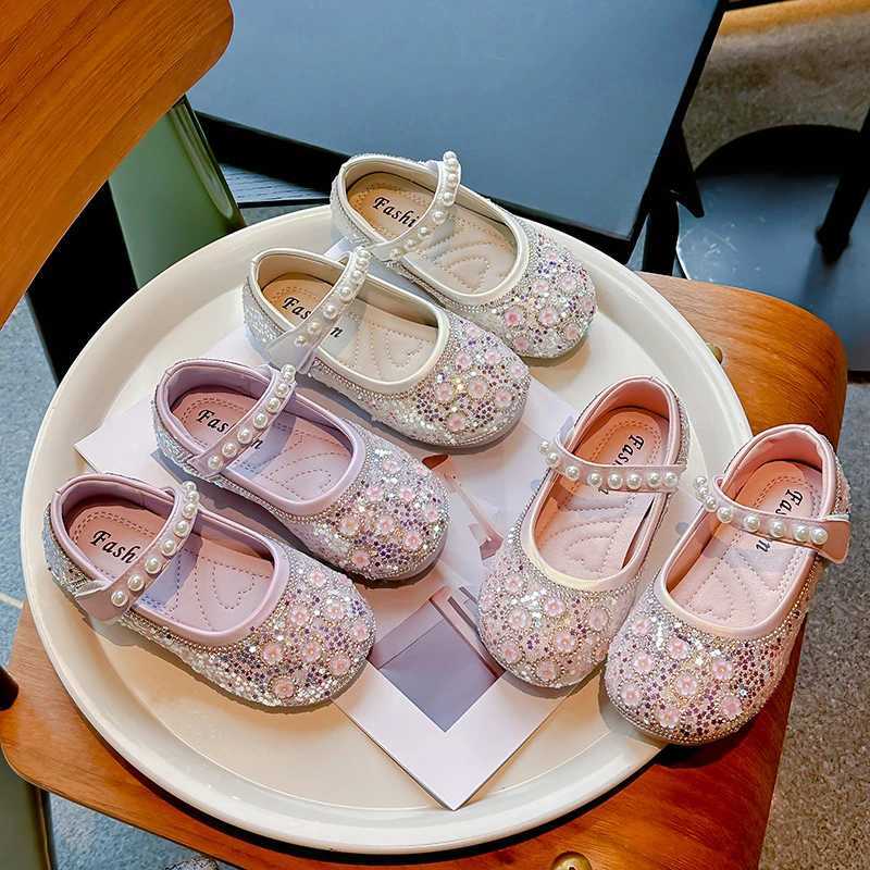 Unishuni Girls Bling Crystal Princess Flats Kids Floral For Dance Shoes Child Soft Mary Janes Baby Girls Pearl Casual Shoes W241228