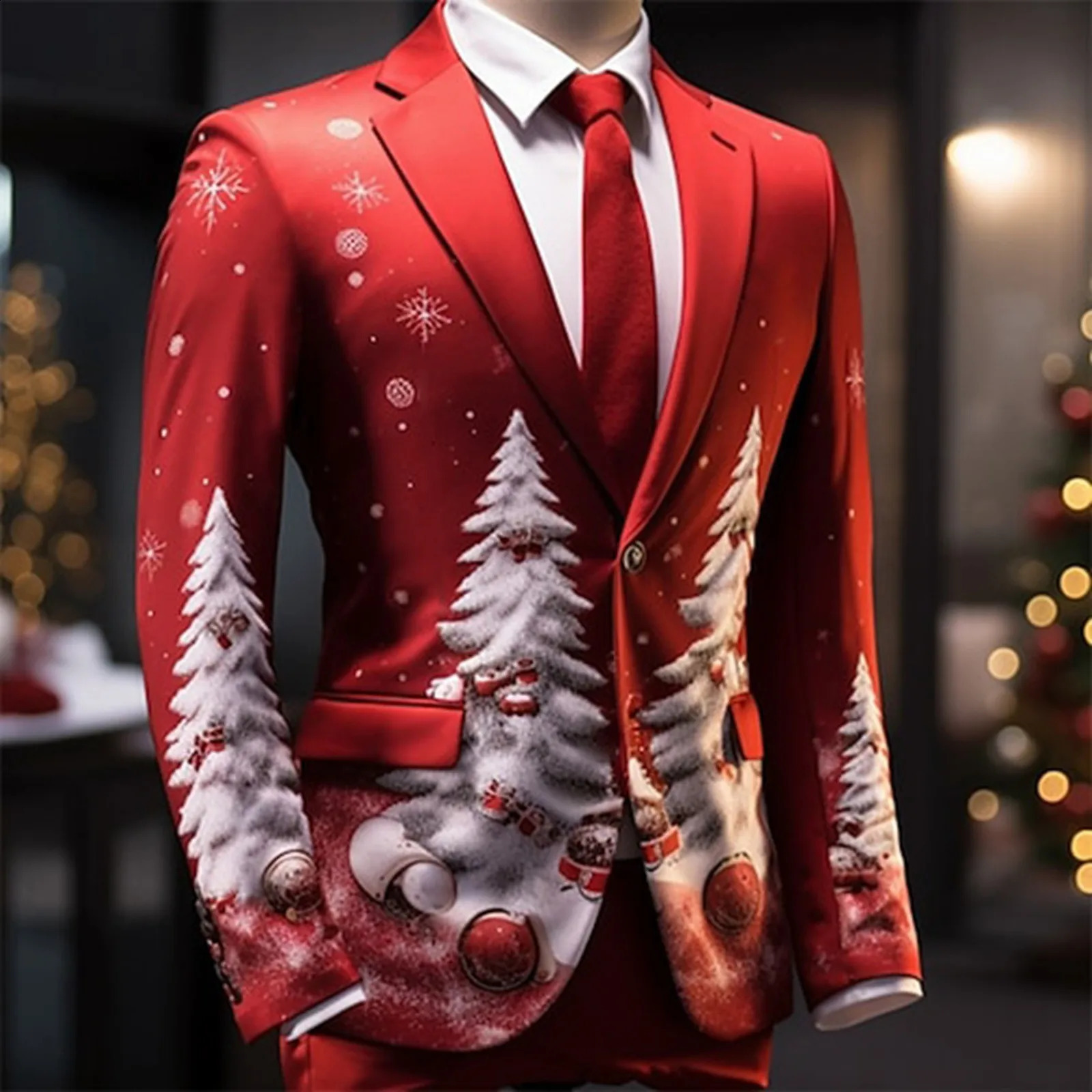 Snowflake print mens Christmas jacket single chest business casual slim fit set jacket outdoor party Christmas set men 241227