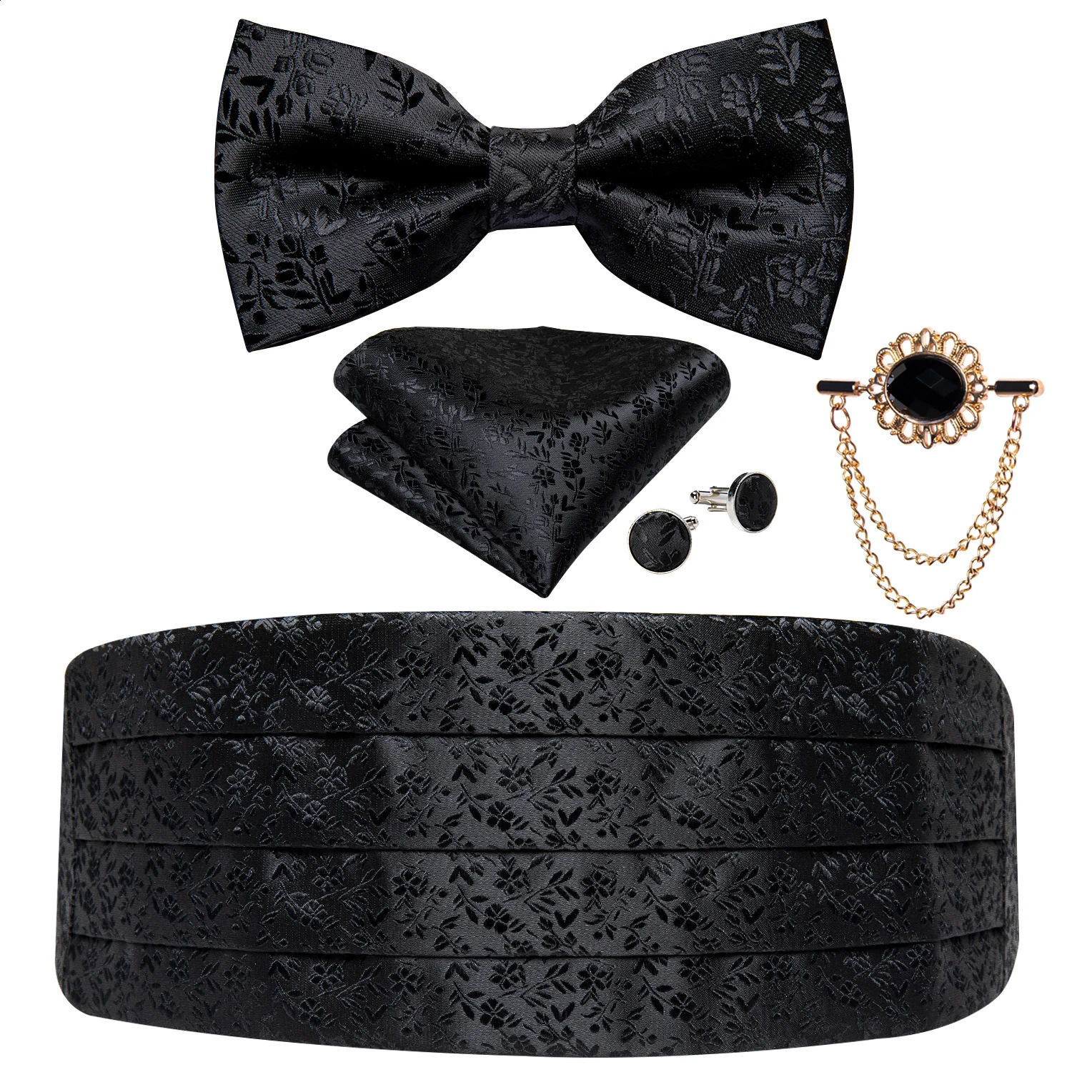 Black Floral Silk Wedding Mens Cummerbunds Bow Tie Brooch Set Tuxedo Formal Wide Belt Ceremonial Belt Elastic Waistband DiBanGu 241227