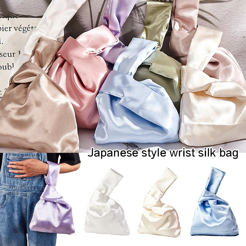 Japanese Silk Coin Wallet Purse Tote Handbag Wrist Bag Knot Bag Folding Bags Womens Tote Solid Color Storage Bag 241227