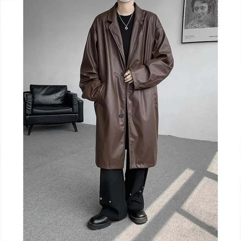 Neutral black PU leather long groove coat womens Gothic groove coat luxury autumn loose windproof coat W241228