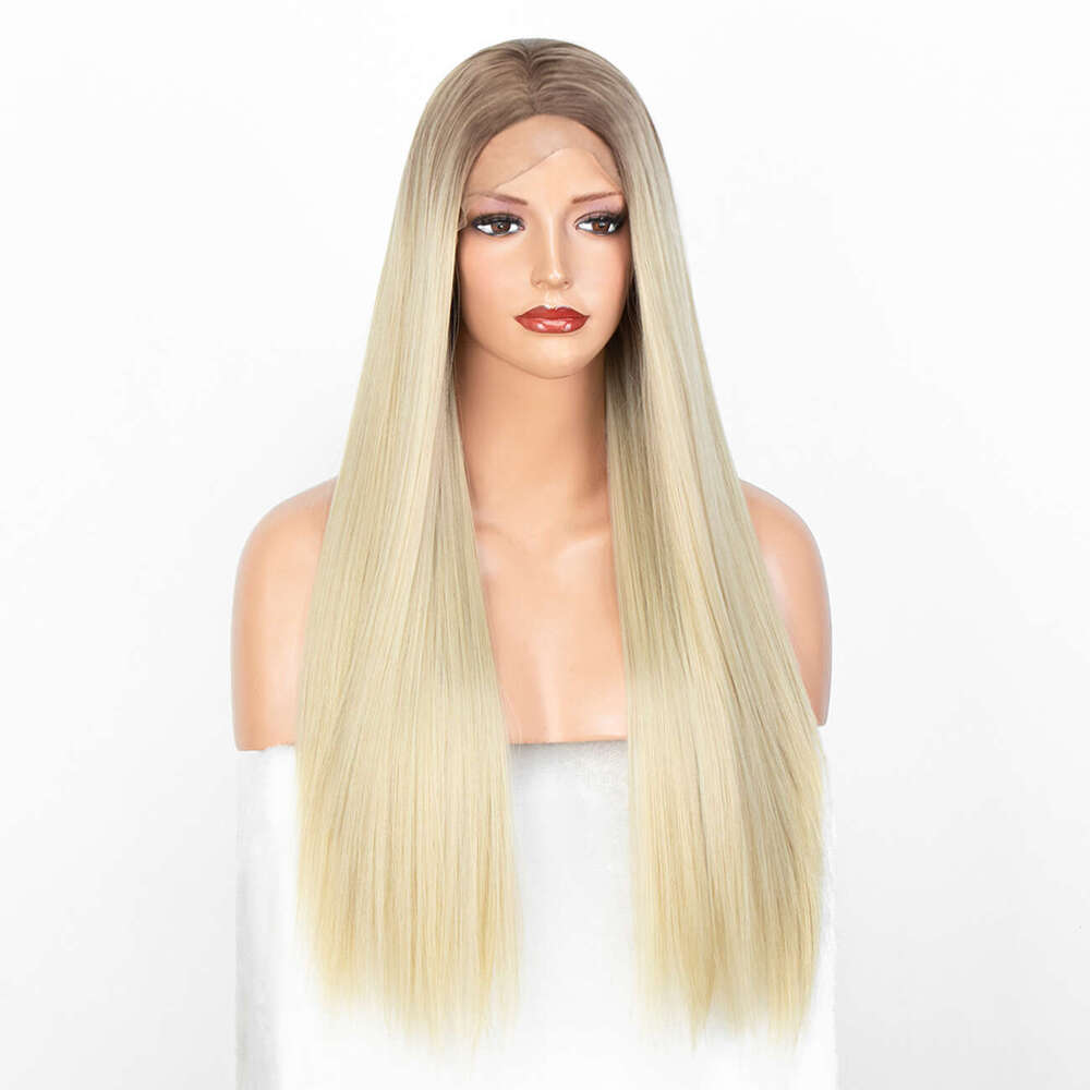 Wig New Mid Split Gradient Gold Straight Hair, Hand Crocheted T-Shaped Front Lace Synthetic Wig, Long Kq2 Kq2