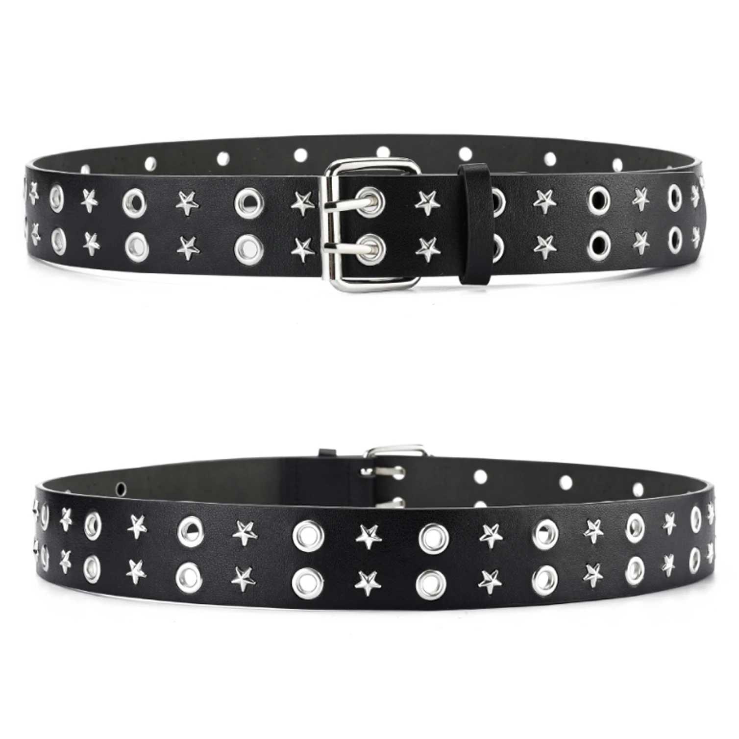 Pentagonal Star Rivet Womens Belt Double Row Needle Buckle Fashion Mens Belt Leather Belt Hip Hop Punk Rock Style Jeans Belt W241228