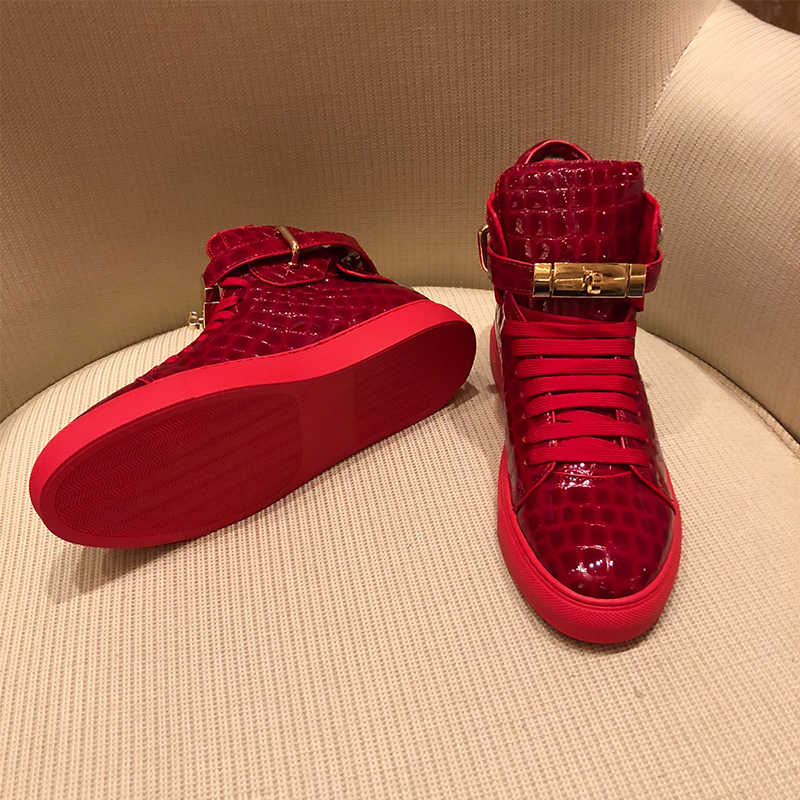 Men Embossed Crocodile High Top Sneakers Lock Lace Red Flats Real Leather Boots Mens Casual Shoes ddmythur