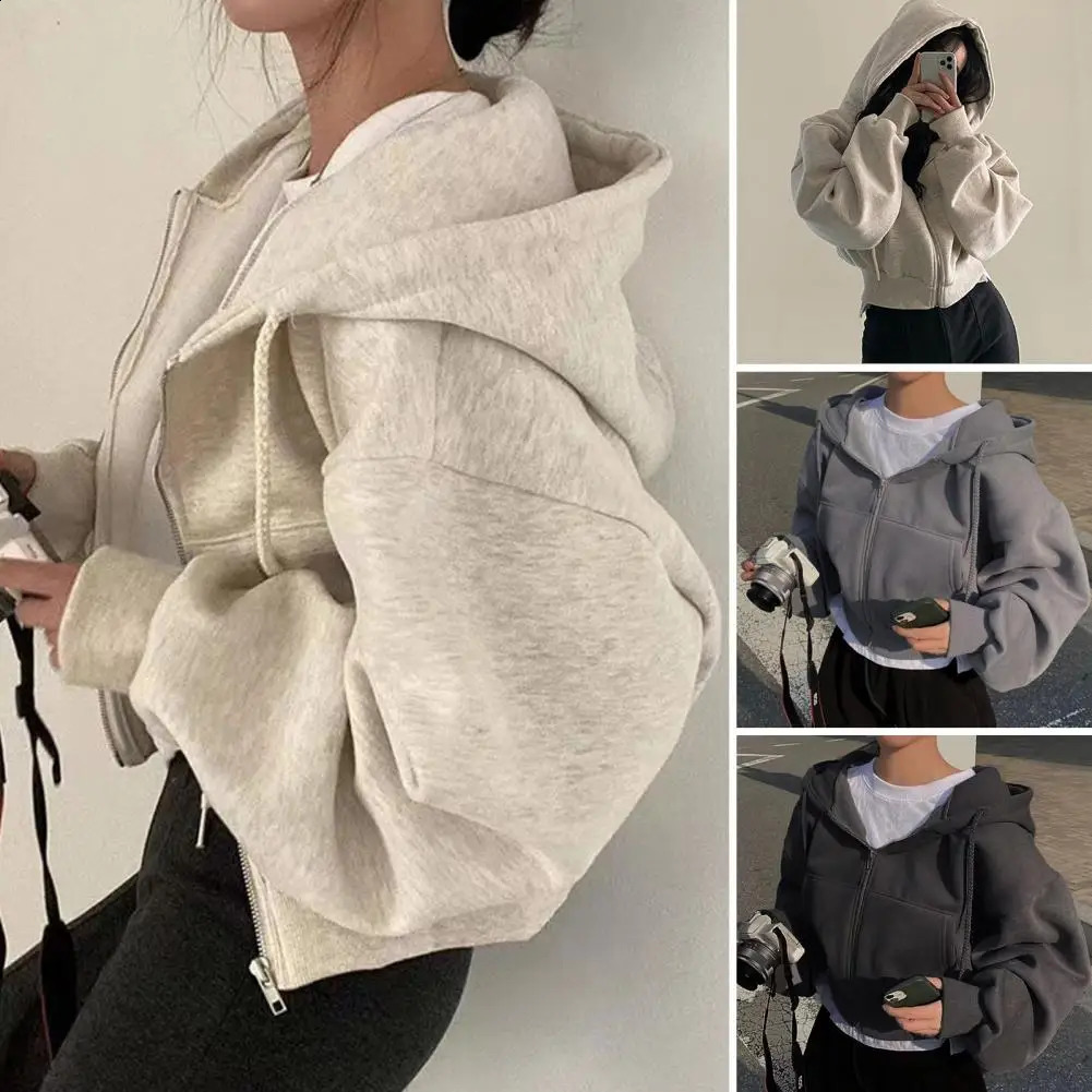 South Korea Chic Autumn Versatile Hood Double Open Zipup Loose n Long Sleeve Short Hoodie Outerwear Women 241223