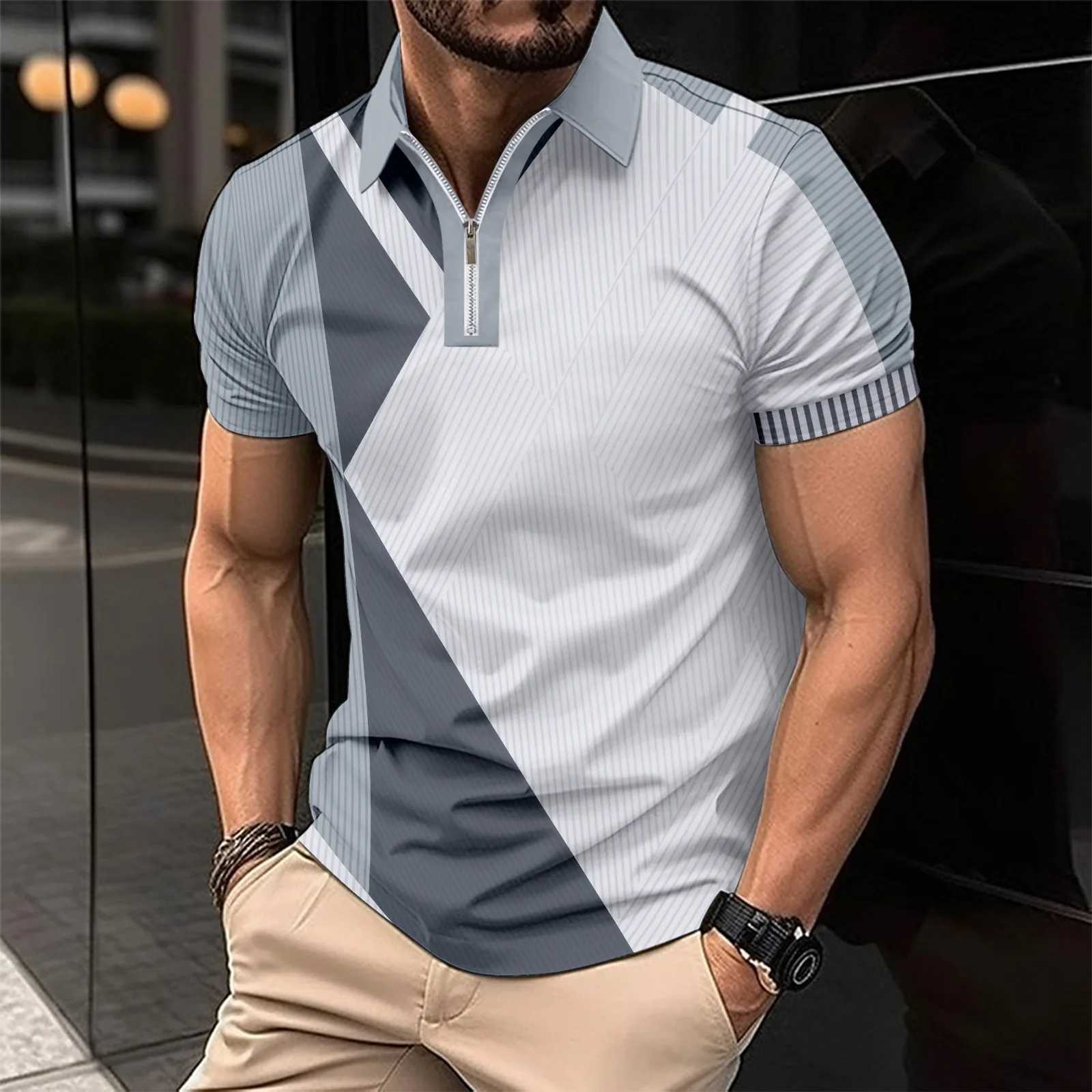 High luxury Mens Casual Short Sleeved Stripe shirt Shirt Zipper Business shirt Shirt Top Men Breathable Tops Men Clothing X241228