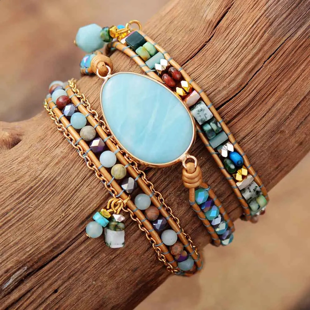 Multilayered Leather Wrap Bracelet W/ Natural Stone Item Beaded Strands Bracelet Boho Beads Jewelry Wholesale Dropship 241227