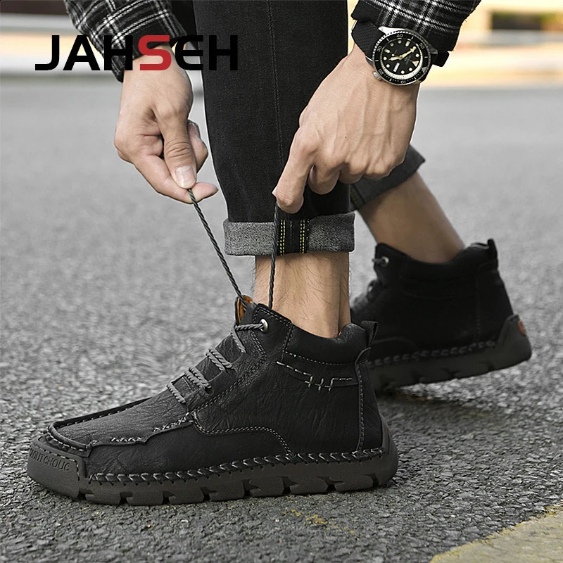 JAHSEH Leather Winter Men Boots With Fur Ankle Boots Men Leisure Keep Warm Western Boots Men Casual Sneakers Plus Size 48 241228