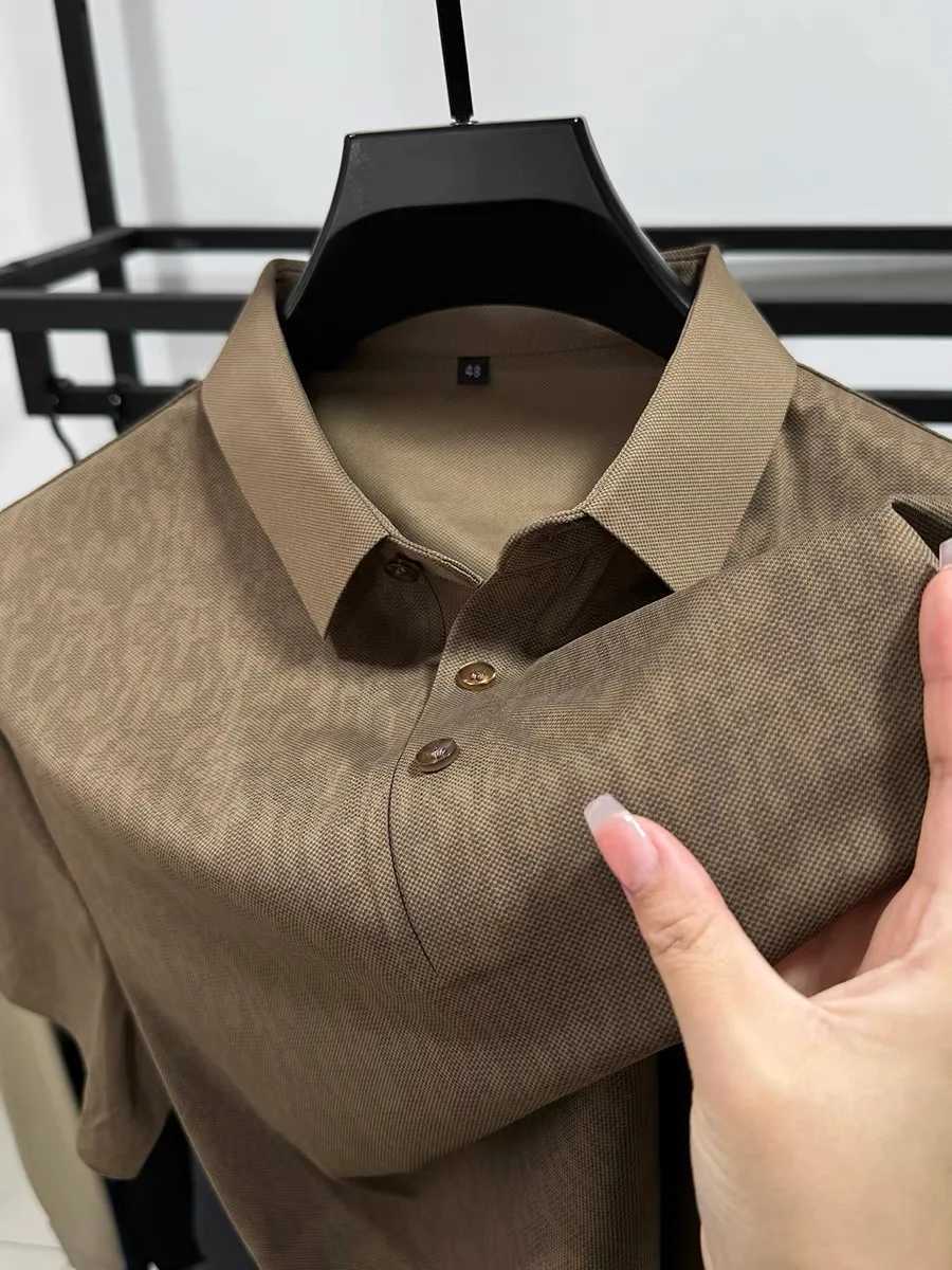 High end brand fashion ice silk printed short sleeved shirt shirt mens 2024 summer new trend lapel T-shirt comfortable cool top X241228