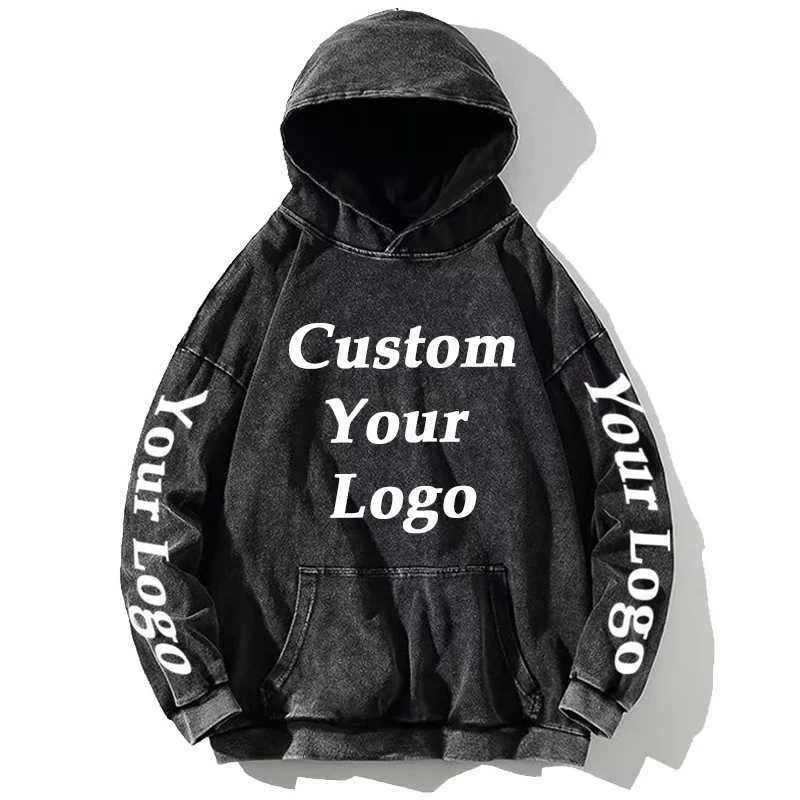 2024 Custom Hoodies Pattern /Text Print Men Women Winter Cotton Sweatshirts Vintage Washed Oversized Loose Pullover Tops X241228