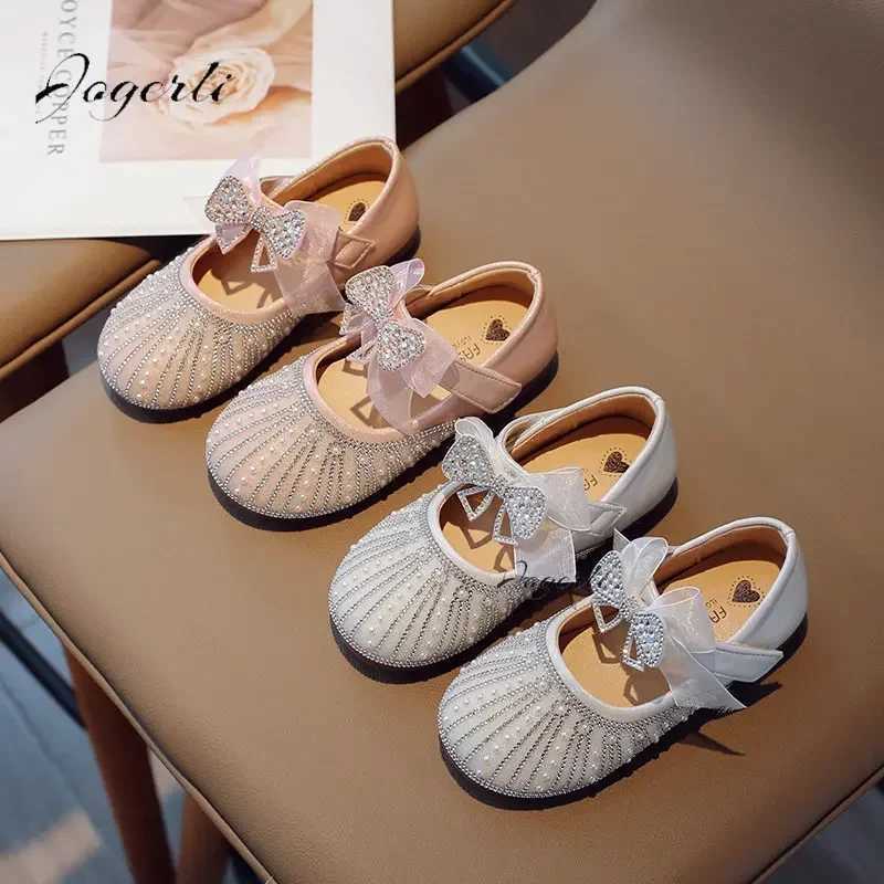 Childrens Girl Princess Shoes New Soft Sole PU Leather Flats Kids Rhinestone Crystal Footwear Size 23-35 W241228