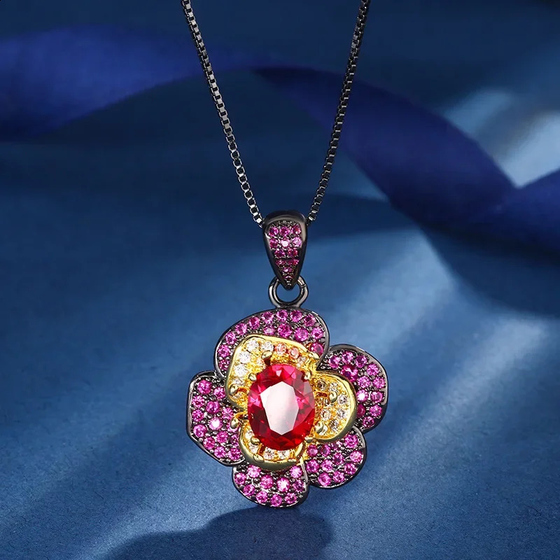 Jewelry S925 Silver Plated 18K Gold Red Corundum Flower Black Gold Personality Set 7 * 9-6 * 8 Jewelry 241226