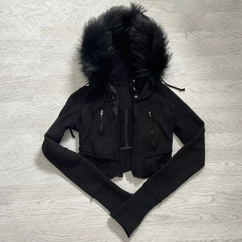Gothic Harajuku Y2K Womens Autumn Winter Fur Collar Hoodie Rock Punk Hip Hop Emo Girl Sweater Casual Cropped Cardigan Streetwear 241227