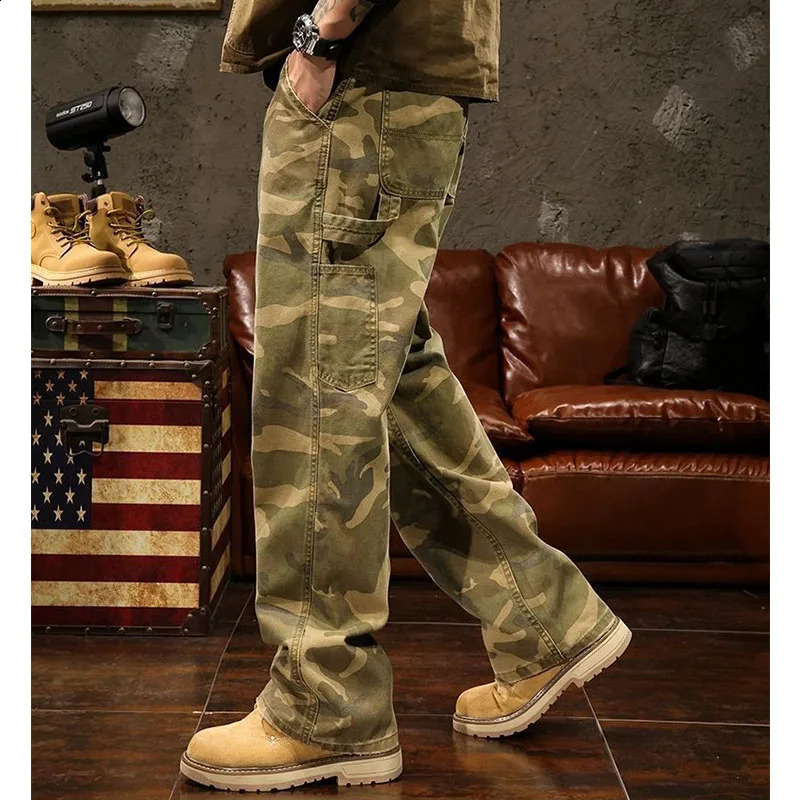 Camouflage Safari Style Jeans Men Autumn Chic High Street Loose Straight Trousers Wide Leg Casual Harajuku Pockets Painted Pants 241226