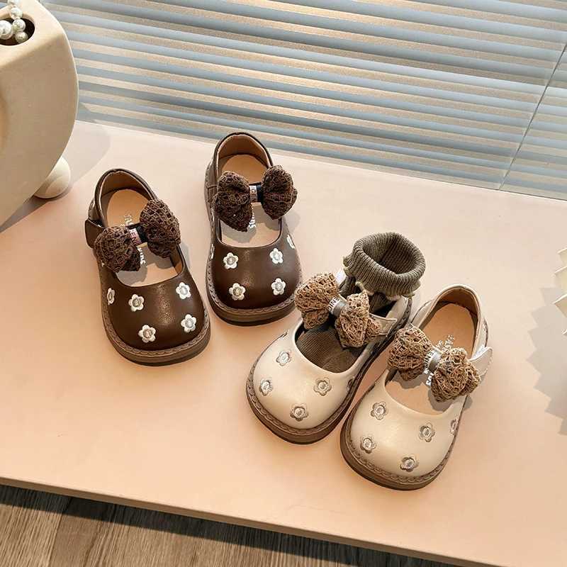 Autumn girl Mary Janes Flloal shallow bow knot classic childrens leather shoes matte Pu leather beige brown childrens flat shoes 21-30 W241228