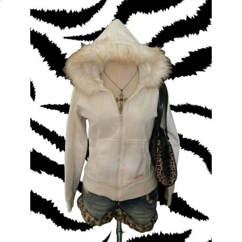 Street Zip Up Sweatshirts Warm Cardigan Hoodies for women Y2k Niche Fashion Solid Fur Collar Slim Fit sweatshirt Winter clothes 241227