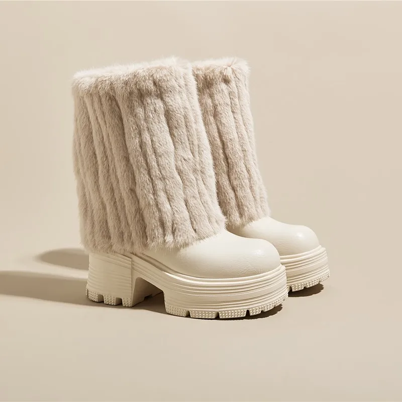 AIYUQI Women's High Heel Boots Wool Platform Women's Middle Boots Genuine Leather Fashion Rider Boots Ladies