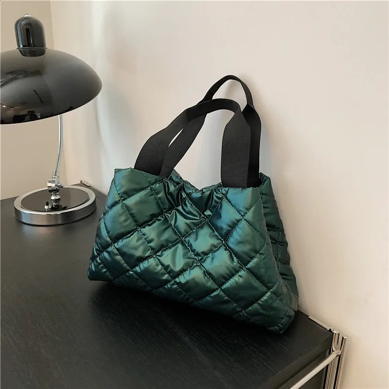 European Style Glossy Cotton Clothing Bag Fashion Embroidery Thread Rhombus Space Cotton Bubble Womens Bag Shoulder Handbag 241227