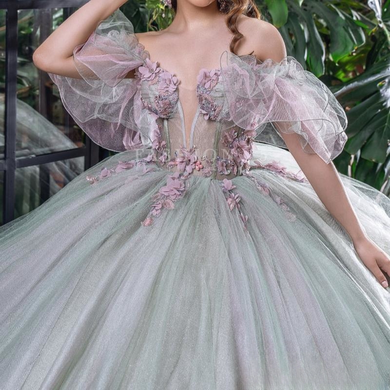 Green Quinceanera Dresses Ball Gown Off The Shoulder Applique Flower Beads Tull Corset Party Birthday Sweet 16 Vestido De 15 Anos