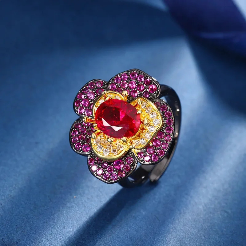 Jewelry S925 Silver Plated 18K Gold Red Corundum Flower Black Gold Personality Set 7 * 9-6 * 8 Jewelry 241226