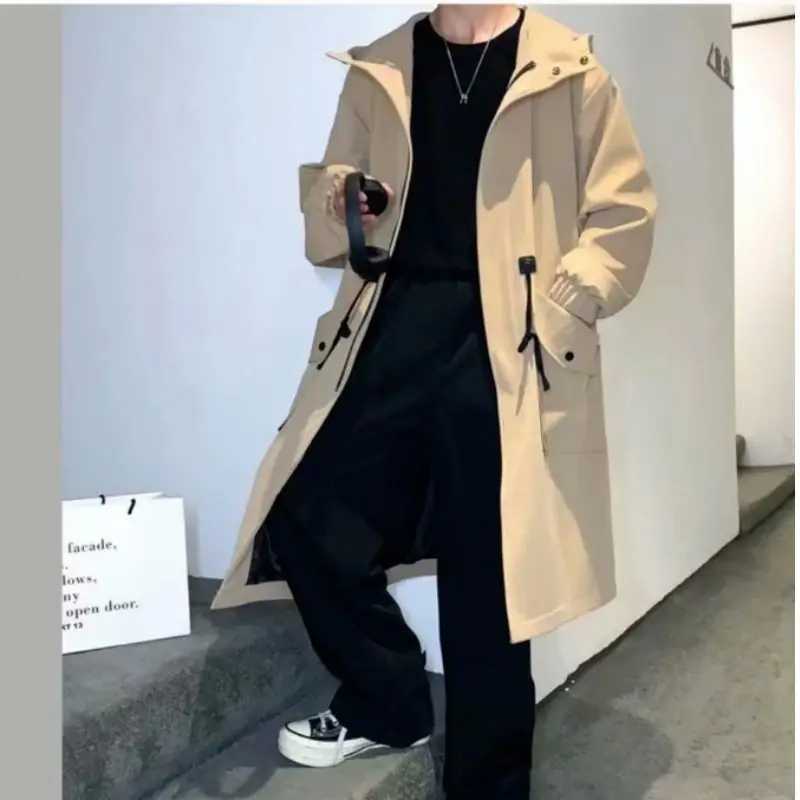Spring and autumn green windproof fashion mens mid to long casual hooded jacket mens daily high street coat mens clothing W241228