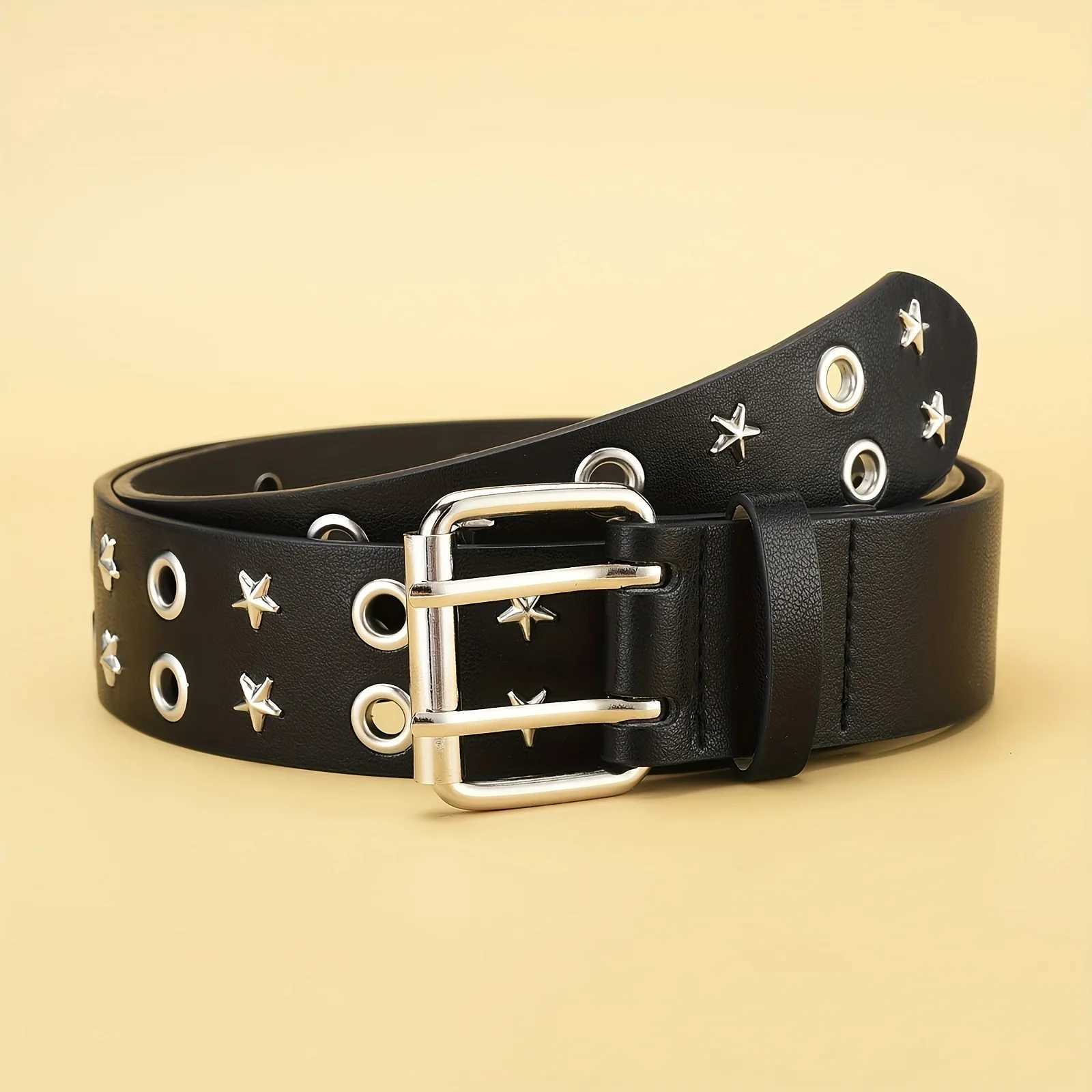 Pentagonal Star Rivet Womens Belt Double Row Needle Buckle Fashion Mens Belt Leather Belt Hip Hop Punk Rock Style Jeans Belt W241228