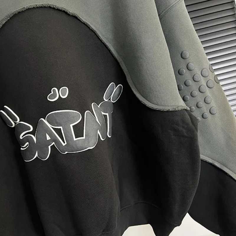 24FW New Saint Hoodie Autumn Winter Street Clothing foam Alphabet Printing Two Tone Patch Work Hoodie Mens Loose Wool Sweatshirt M241228