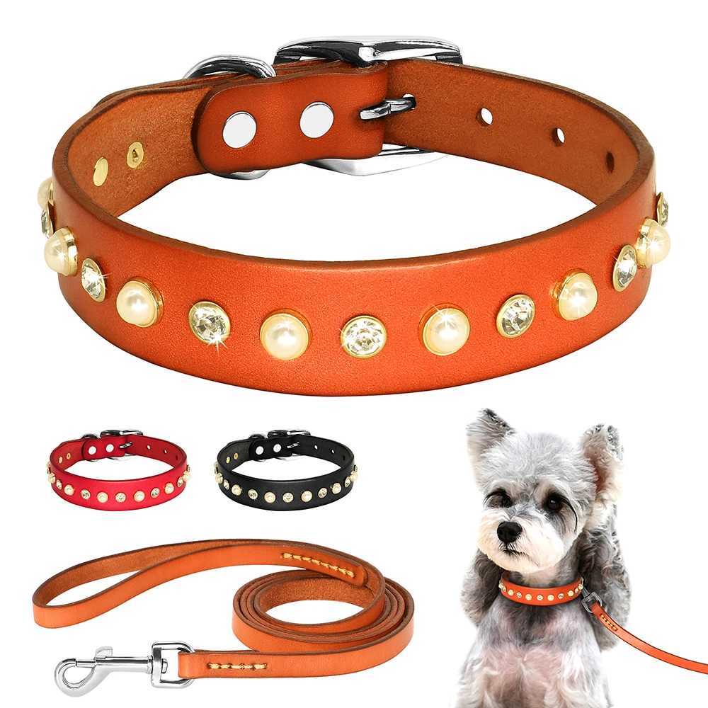 Leather small and medium-sized dog collar with adjustable rhinestone accessories pet dog collar belt set M241228