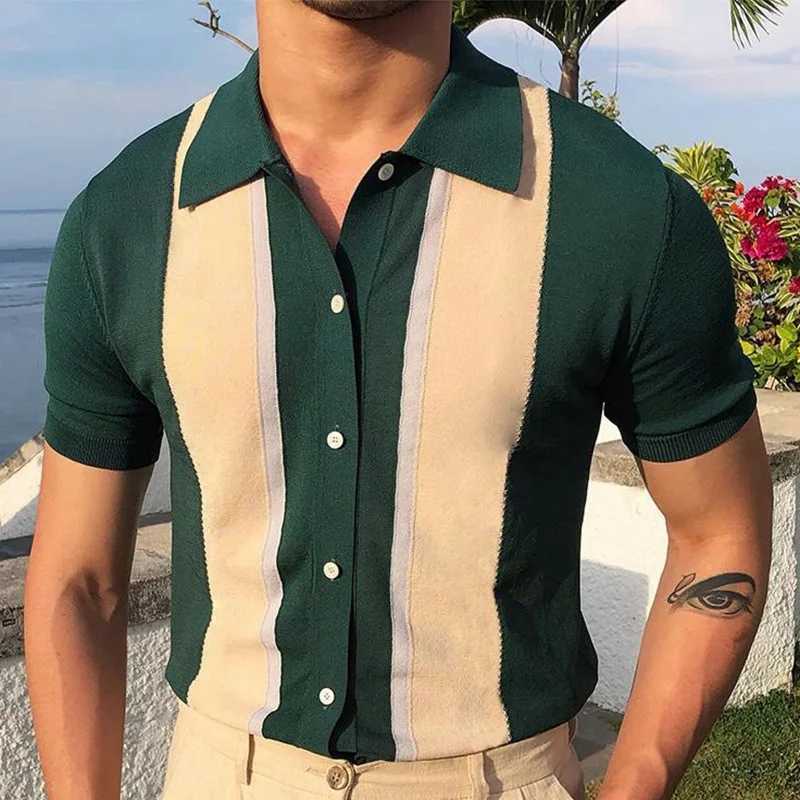 Mens Short Sleeve shirt Shirts Casual Knitted Shirt Mens Slim Striped Business Shirt Blouses Fashion Social Shirts Tee Mens Clothing X241228
