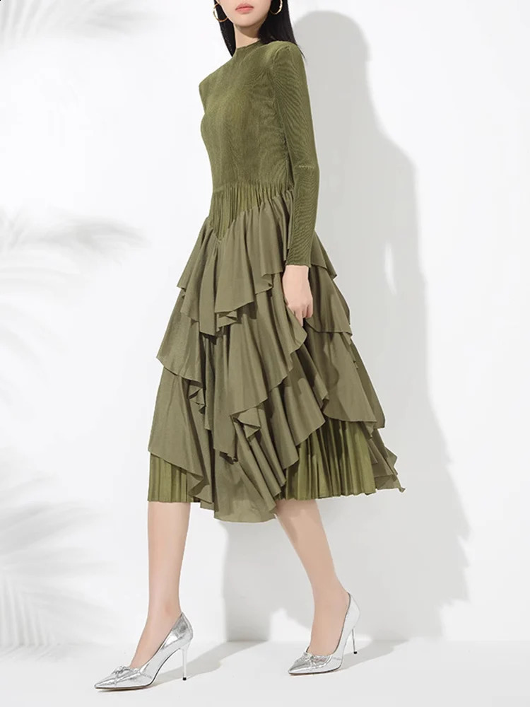 LANMREM Elegant Pleated Mid Length Dress For Women Long Sleeves Irregular Ruffles Patchwork A-line Dresses Fashion 2VV2046 241223