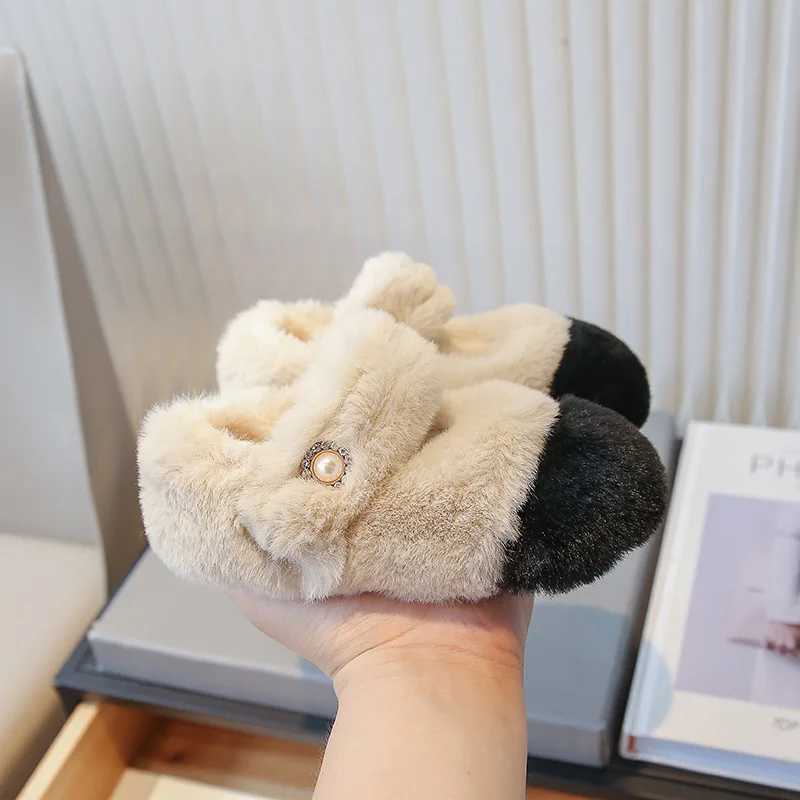 Winter Fur Girls Shoes Fashion Children Princess Flat Shoe Korean Plush Warm Kids Shoe Shallow Mary Janes Chaussure Child Girl W241228