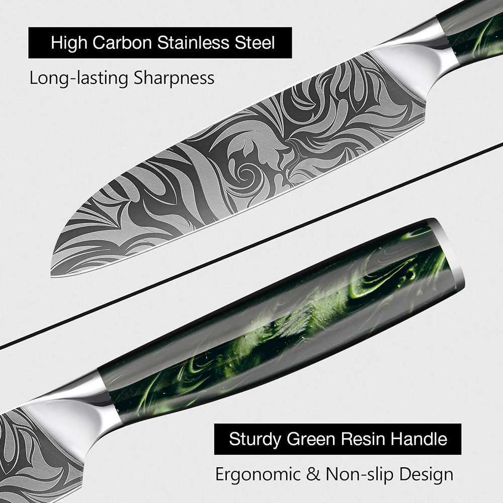 1-3Piece Japanese Kitchen Knife Set Green Resin Handle Laser Damascus Pattern Santoku KnifeParing Knifely Sharp Blades Y241227