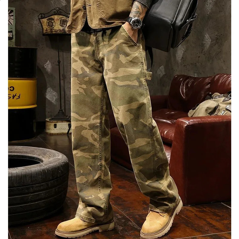 Camouflage Safari Style Jeans Men Autumn Chic High Street Loose Straight Trousers Wide Leg Casual Harajuku Pockets Painted Pants 241226