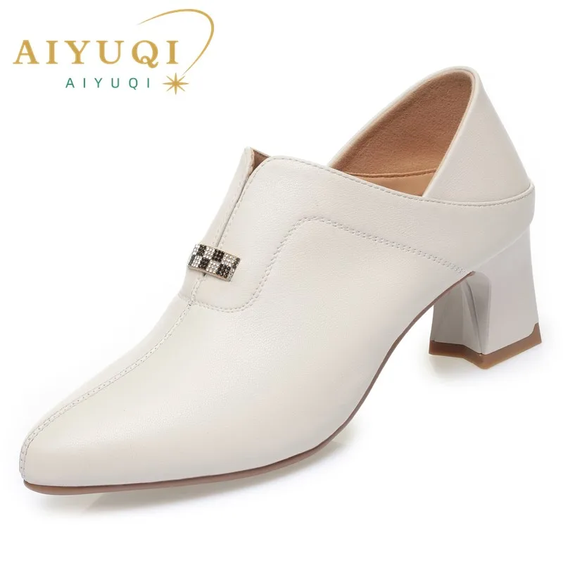 AIYUQI Women's Dress Shoes Genuine Leather Autumn Fashion Everyday Shoes Ladies Mid Heel Shiny Women's Office Shoes
