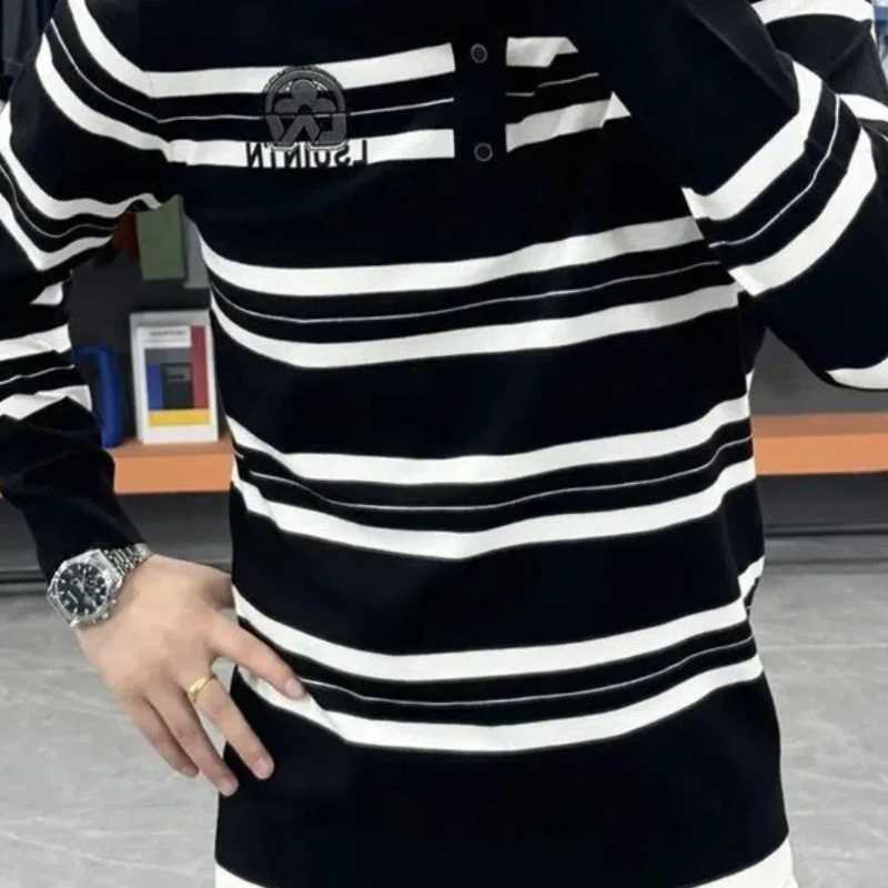 Trend Fashion England Men shirt Shirts Spring Autumn New Lapel Striped Contrast Color Luxury Casual Long Sleeve Sweatshirt Tops X241228