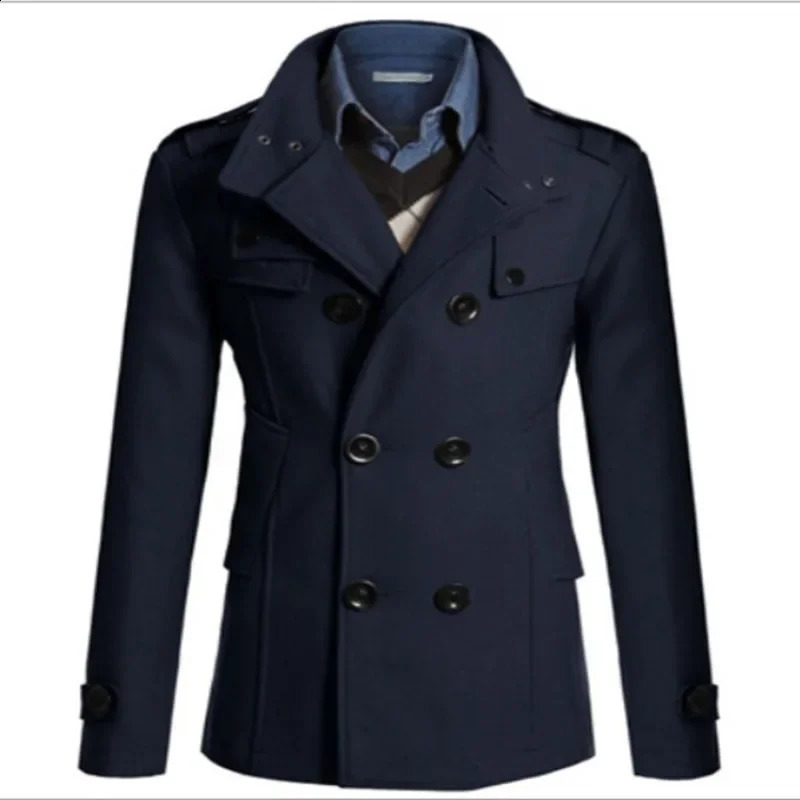 AutumnWinter Large Korean Fit Double Breasted Flap Collar Shoulderband Mid Length Mens Woolen Windbreaker Coat 241220