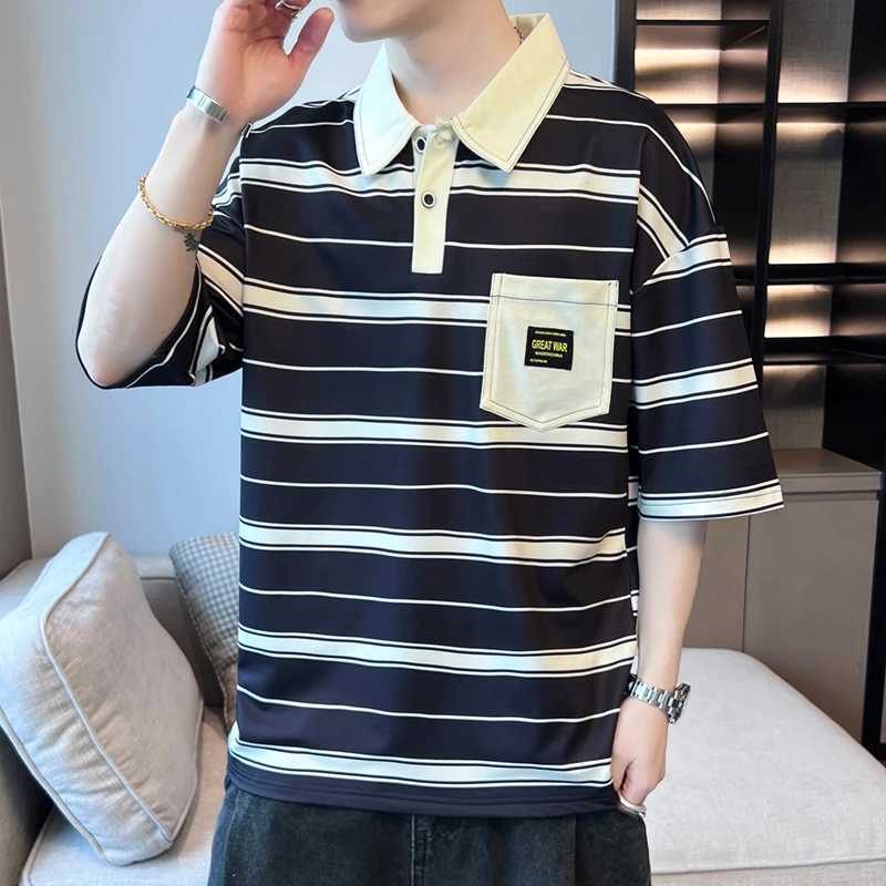 Mens Korean striped patchwork T-shirt summer casual loose half sleeved youthful and energetic shirt shirt X241228