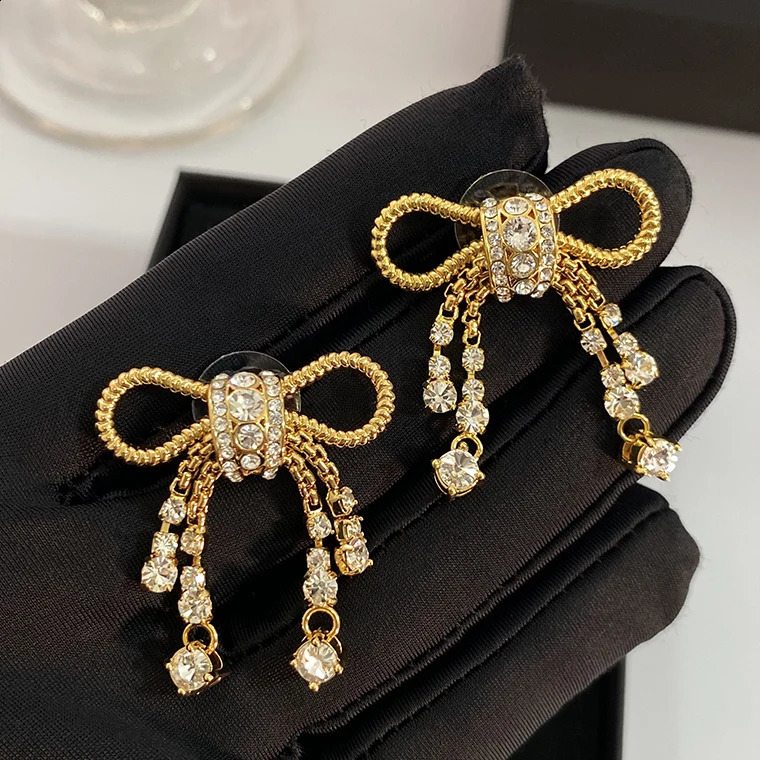 Crystal Bow Gold Earrings Women Top Quality Sweet Fancy Jewelry Boutique Trend 241226