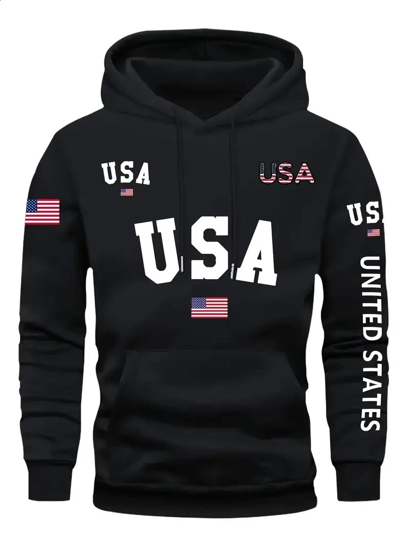 Plus size mens fashionable hoodie long sleeved casual sports style fancy letter American flag print hoodie 241220